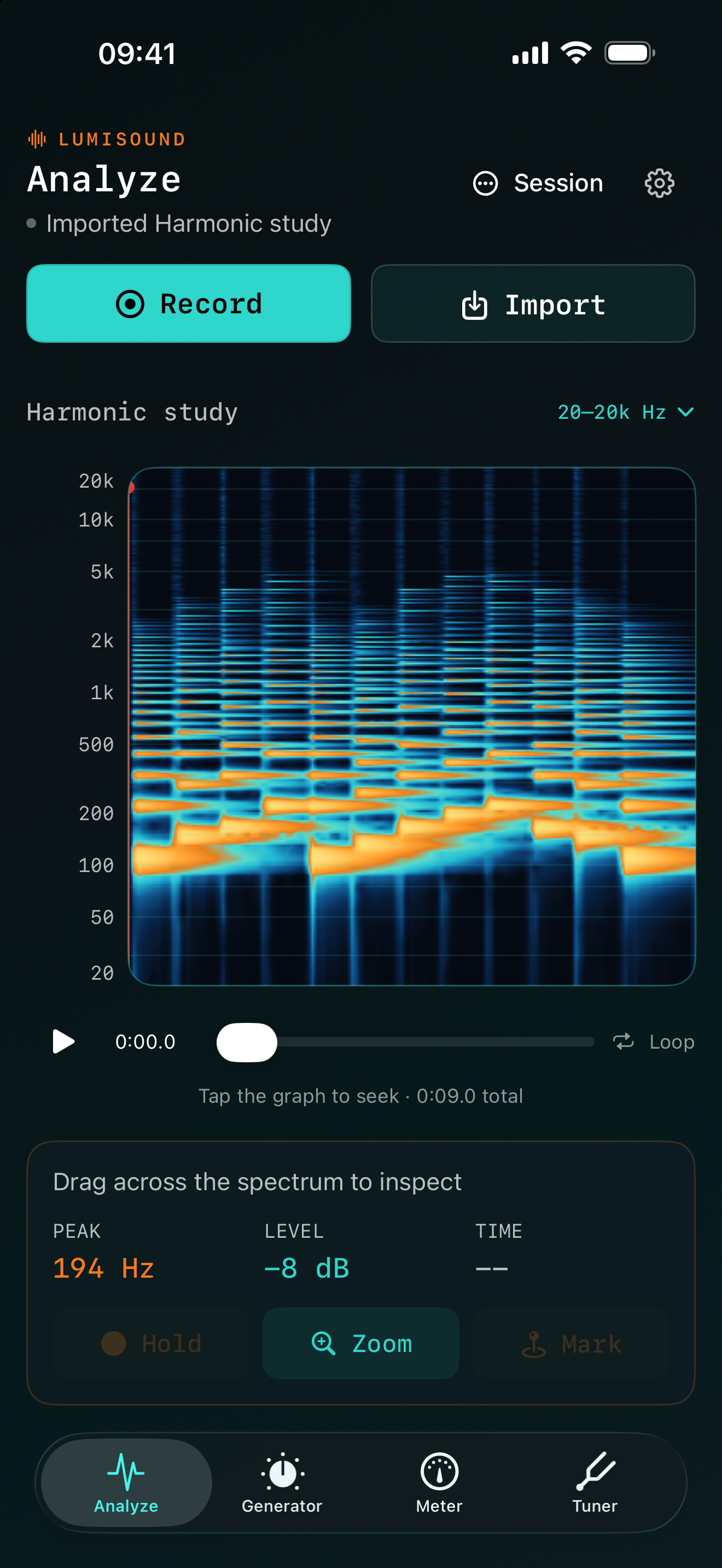 Lumisound Analyze showing a recorded harmonic spectrum, playback controls and frequency readouts