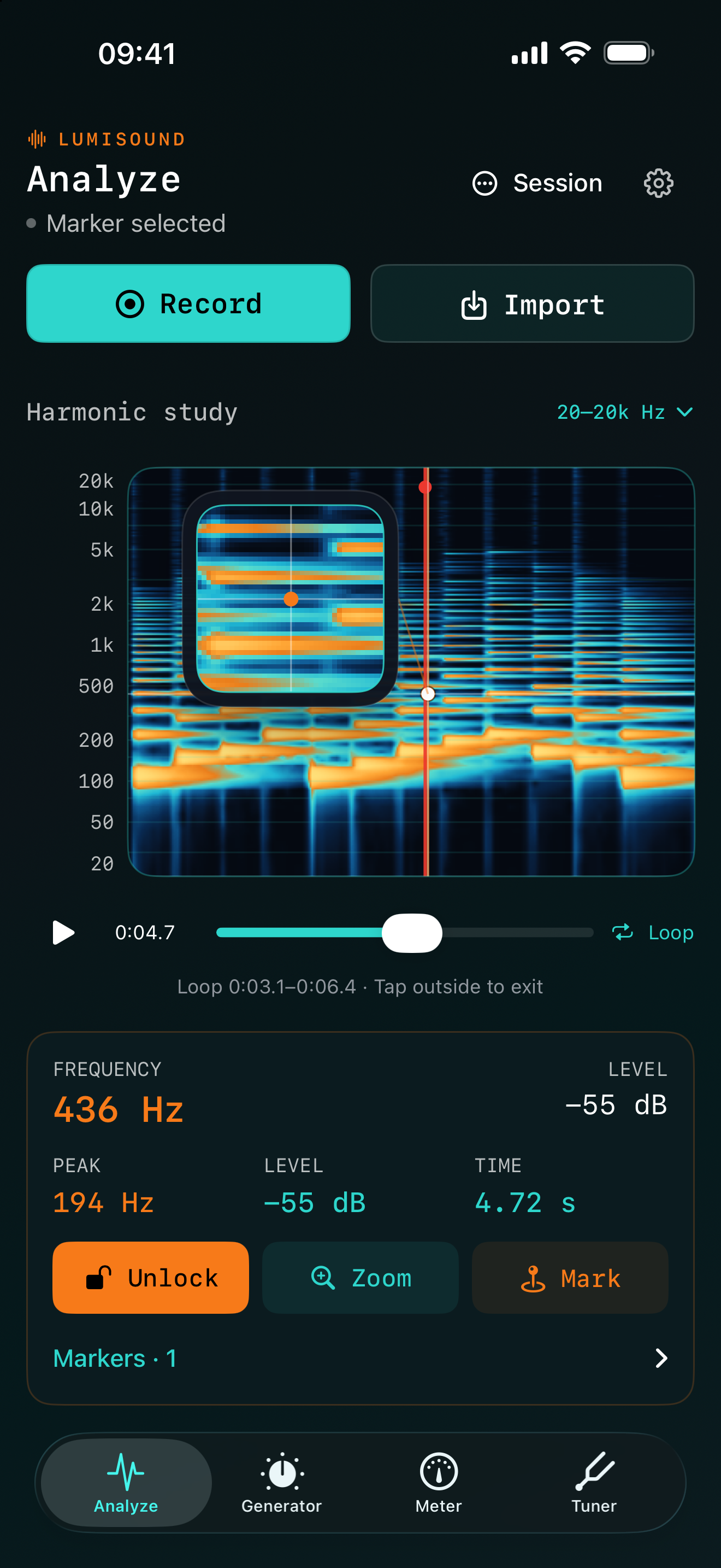 A selected frequency under the loupe, a saved marker and a playback loop in Analyze