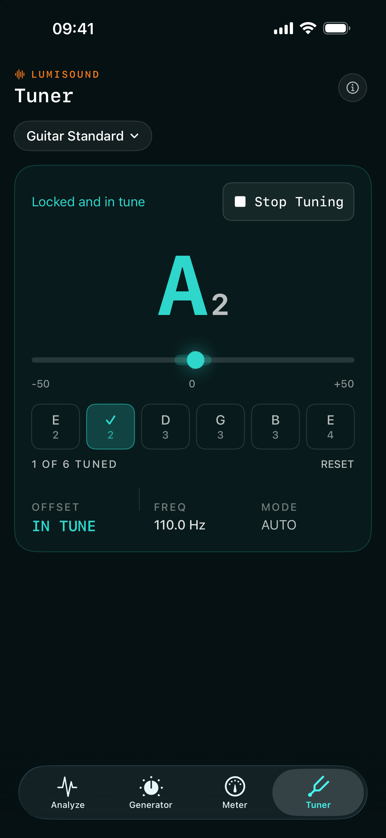 Lumisound Tuner in Guitar Standard mode, showing A2 in tune at 110 Hz