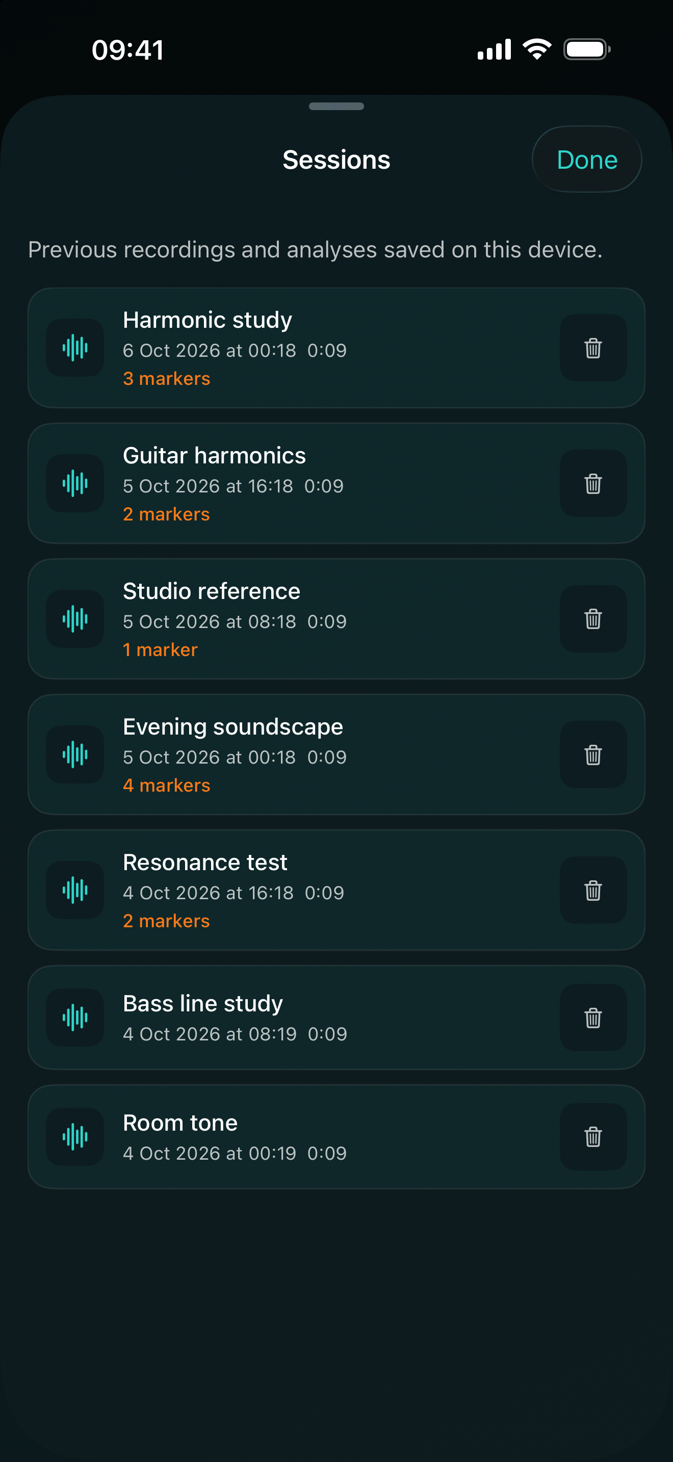 Saved Lumisound sessions with recording dates, durations and marker counts